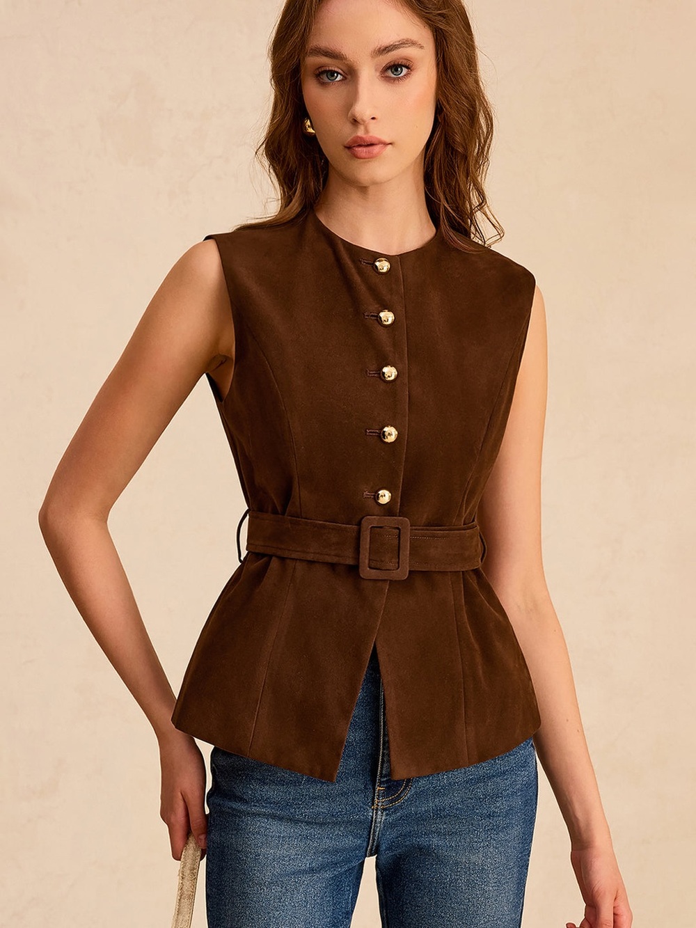 Commense Brown Sleeveless Suede effect Belted Vest Size M